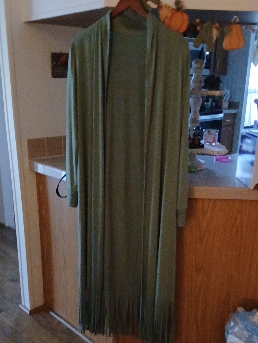 Long Open-Front Fringe Cardigan Sweater - Sage Green
